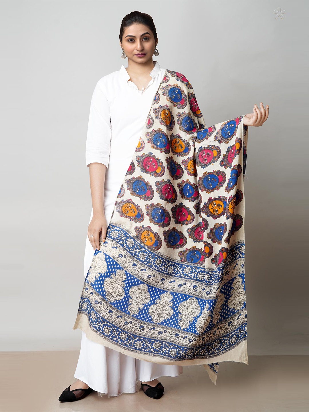 

Unnati Silks Ethnic Motifs Printed Pure Cotton Kalamkari Dupatta, Cream
