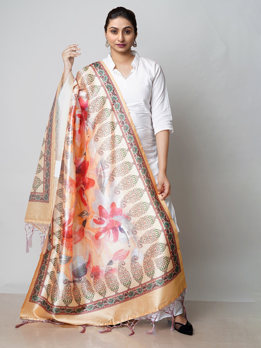 

Unnati Silks Ethnic Motifs Printed Block Print Dupatta, Cream