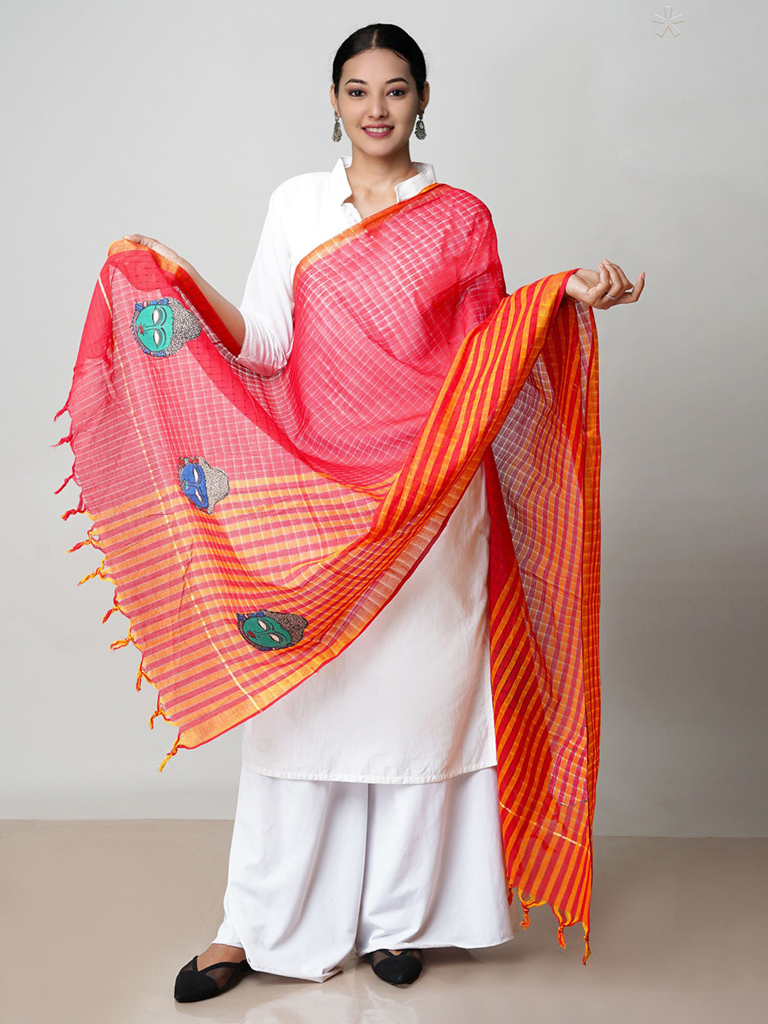 

Unnati Silks Ethnic Motifs Printed Mangalgiri Pure Cotton Dupatta with Zari, Red