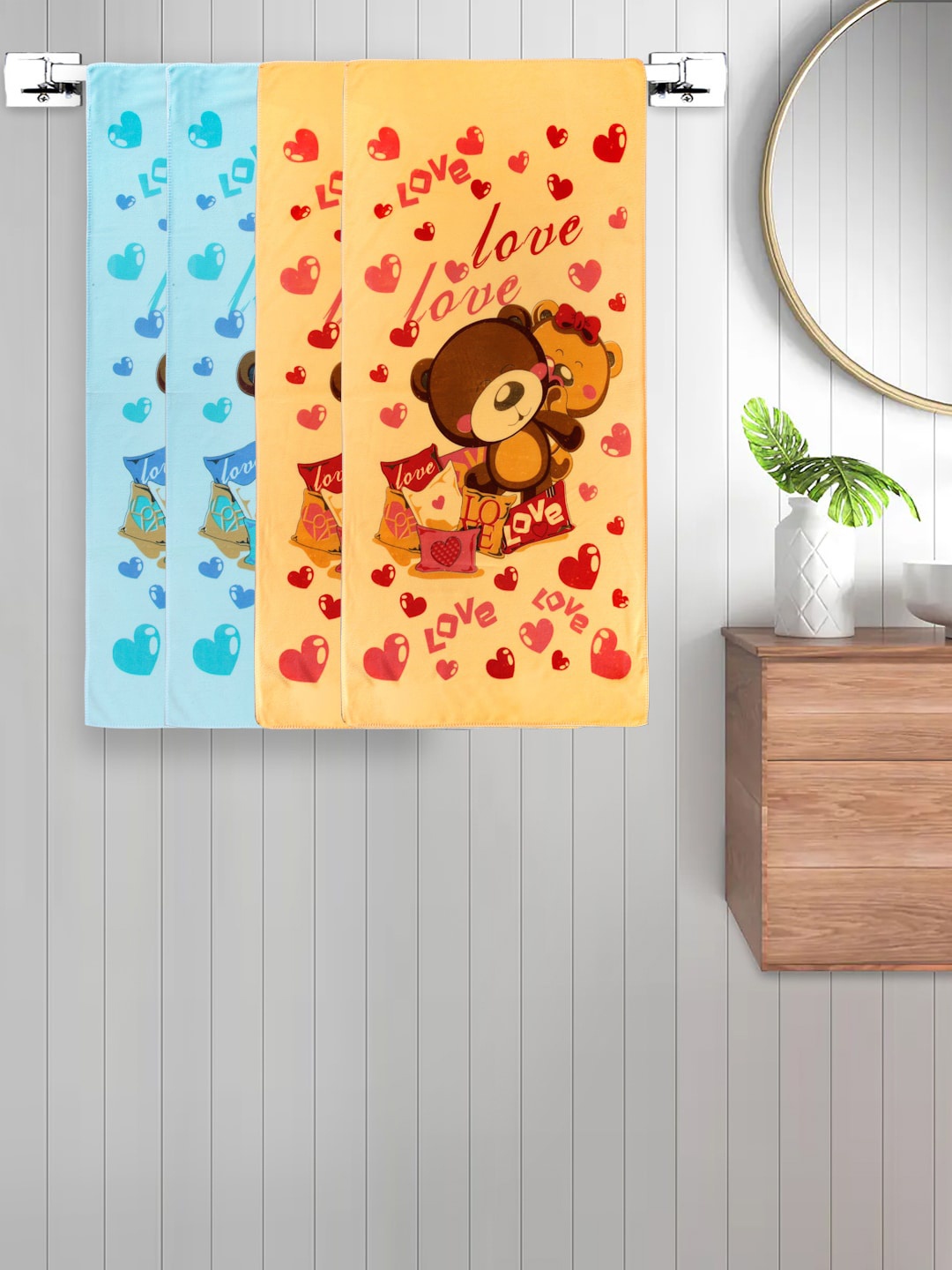 

FABINALIV Kids Blue & Brown 4 Pieces Cartoon Printed Cotton Bath Towels