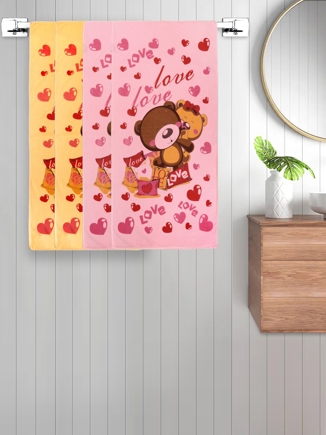 

FABINALIV Kids Brown & Pink 4 Pieces Printed 300 GSM Cotton Bath Towels