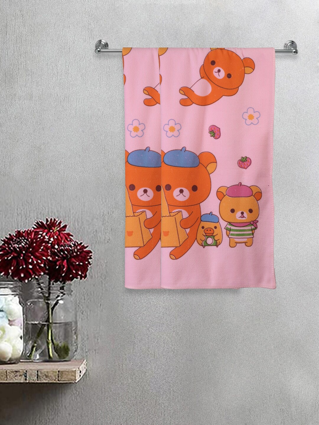 

FABINALIV Kids Pink 2 Pieces Printed 300GSM Cotton Bath Towels
