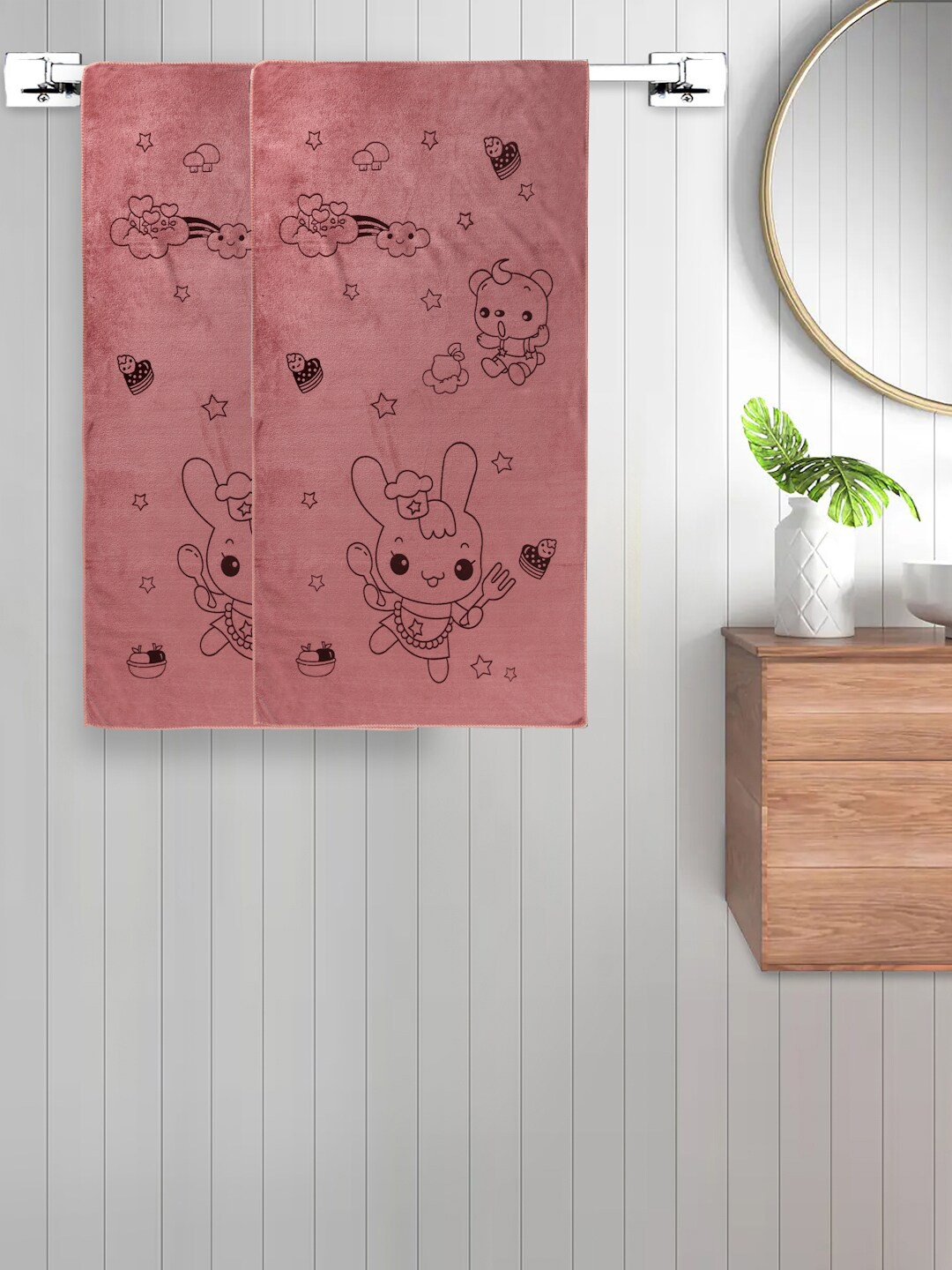 

FABINALIV Kids Peach-Colored 2 Pieces Printed 300 GSM Cotton Bath Towels