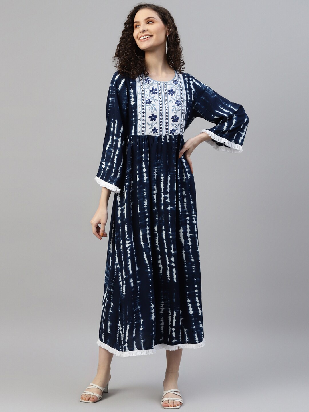 

DEEBACO Tie & Dye Printed A Line Ethnic Dress, Navy blue