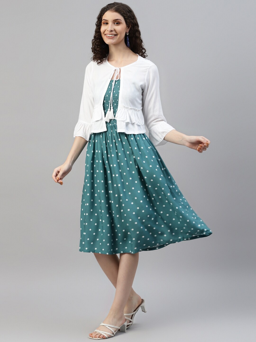 

DEEBACO Polka Dot Print Tie-Up Neck A-Line Dress With Shrug, Sea green