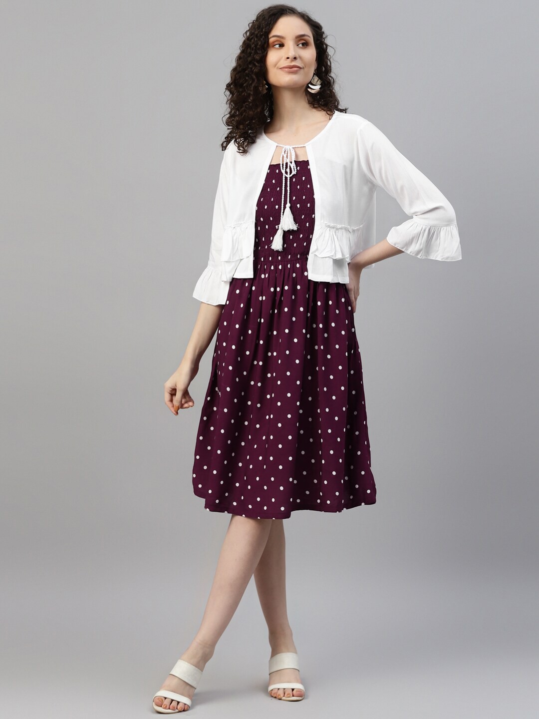 

DEEBACO Polka Dot Print Fit & Flare Dress With Shrug, Maroon