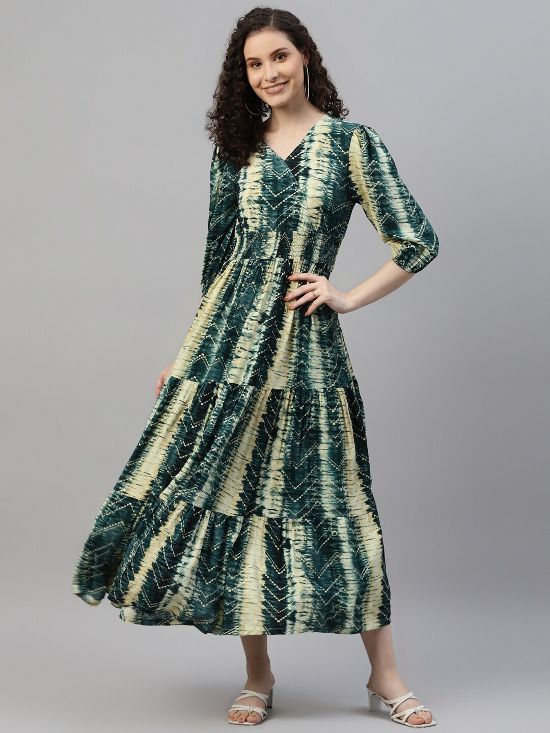 

DEEBACO Abstract Printed Puff Sleeves Smocked Tiered Midi Dress, Cream