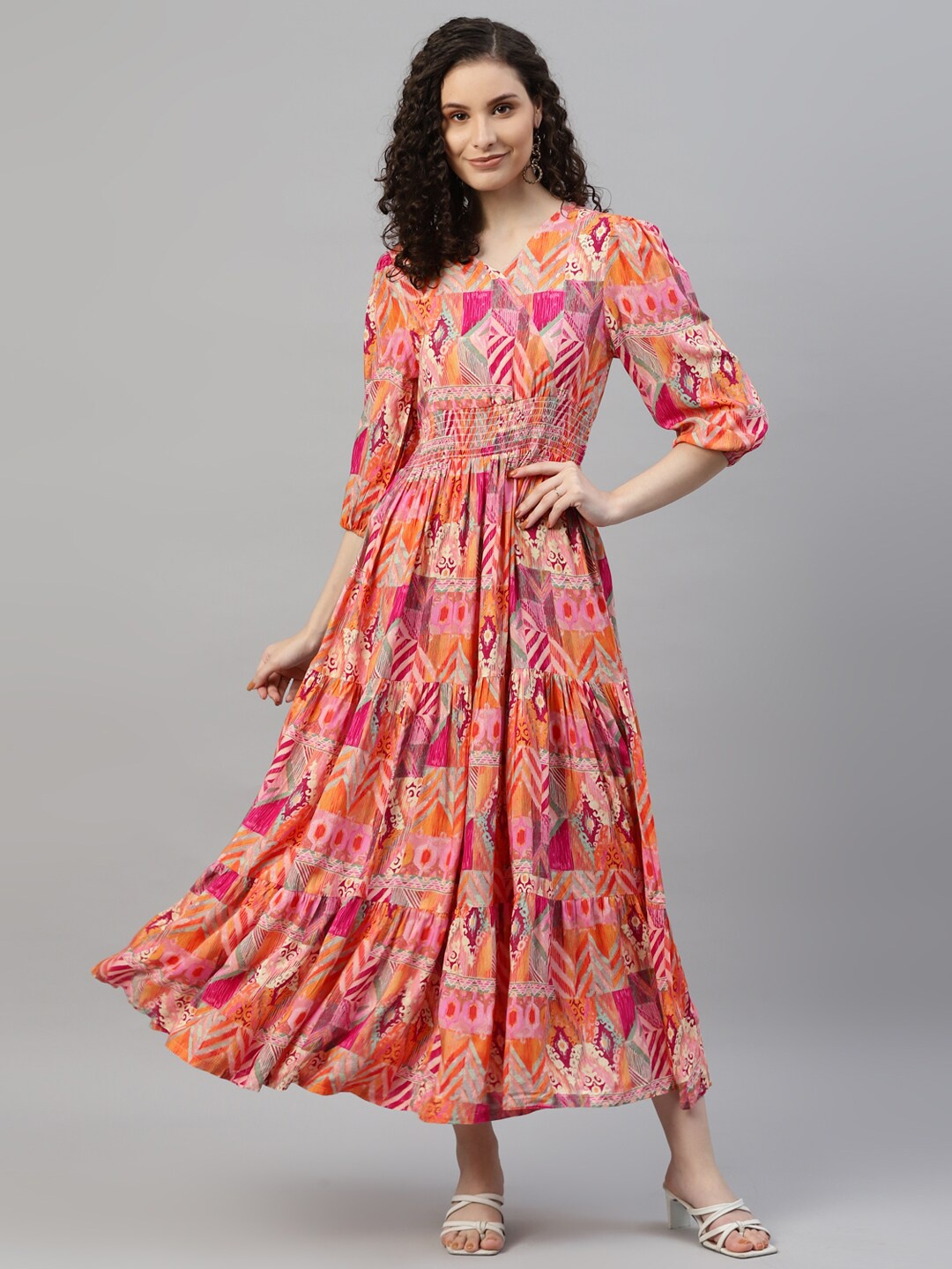 

DEEBACO Abstract Printed Puff Sleeves V-Neck Smocked Tiered Fit & Flare Maxi Dress, Orange