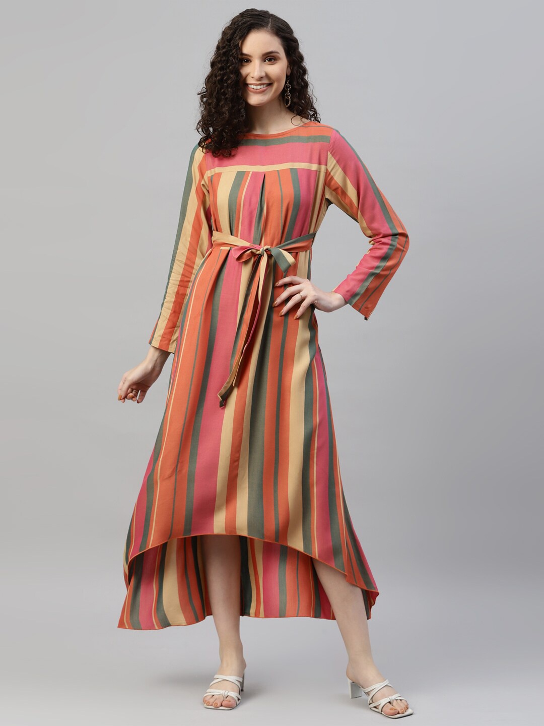 

DEEBACO Striped Boat Neck Belted High Low Midi A-Line Dress, Pink