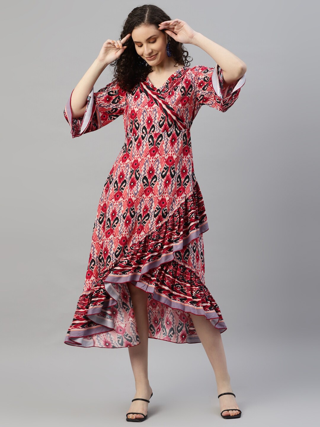 

DEEBACO Floral Printed Bell Sleeves Ruffled Midi Fit & Flare Dress, Red