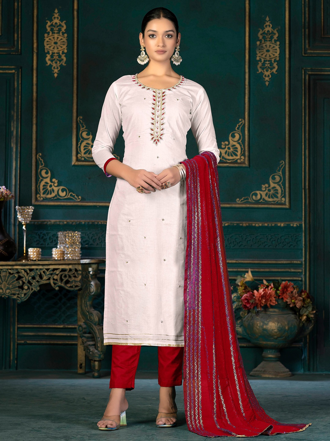 

KALINI Embellished Unstitched Dress Material, Cream