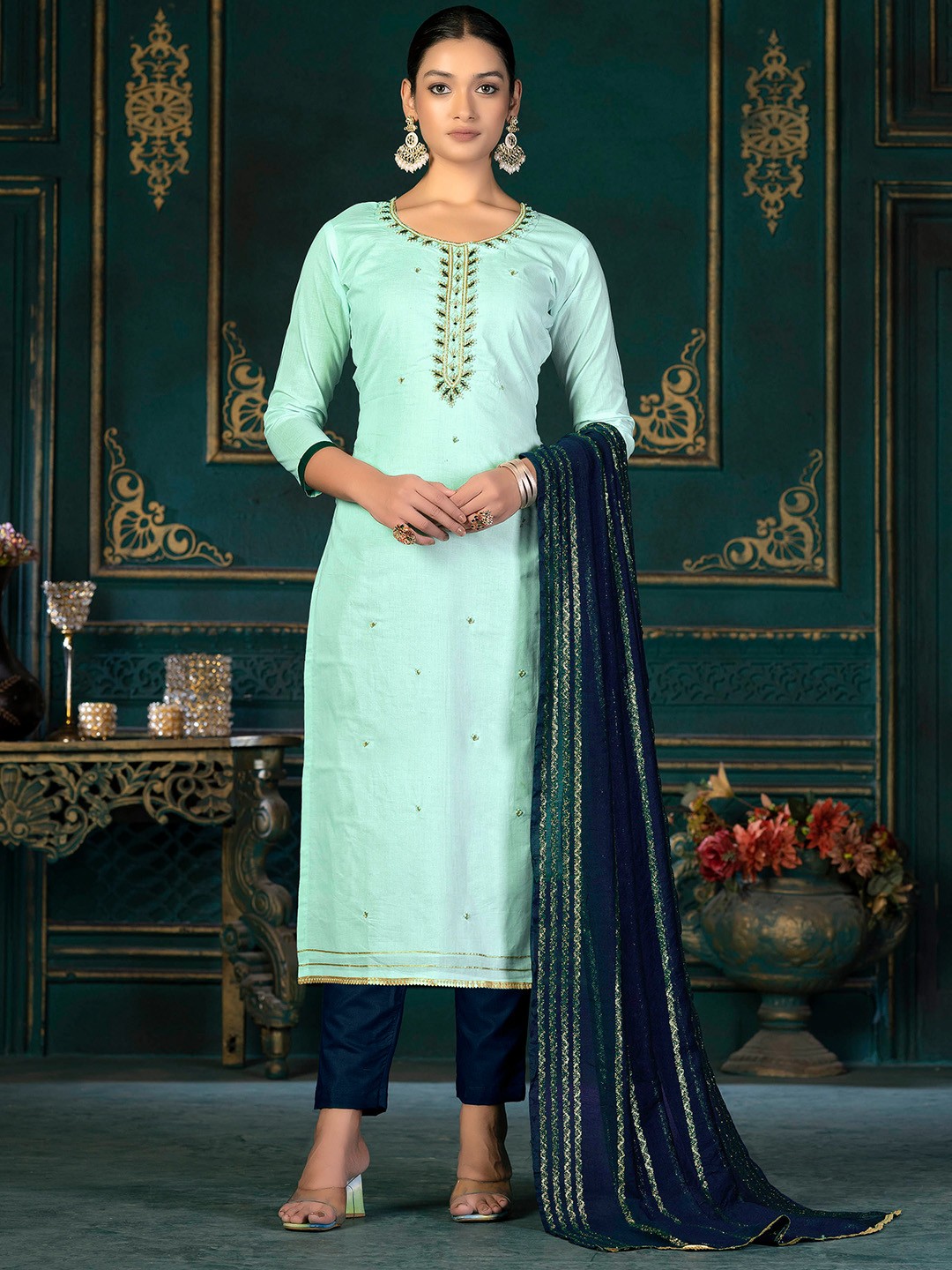 

KALINI Embellished Unstitched Dress Material, Blue