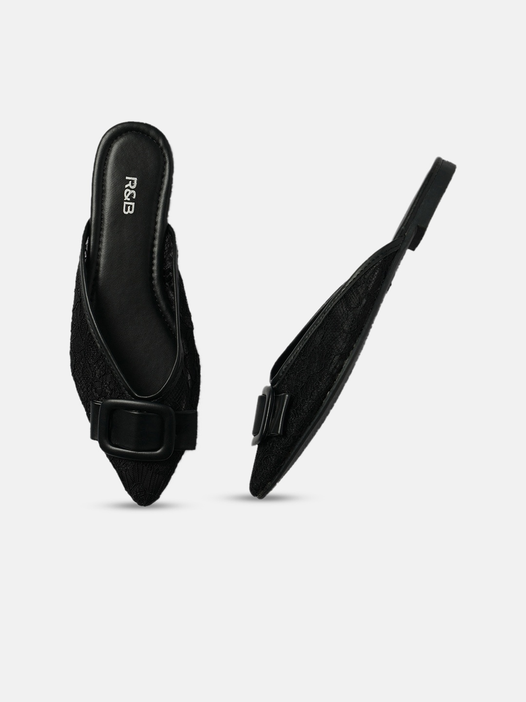 

R&B Buckled Pointed Toe Mules, Black