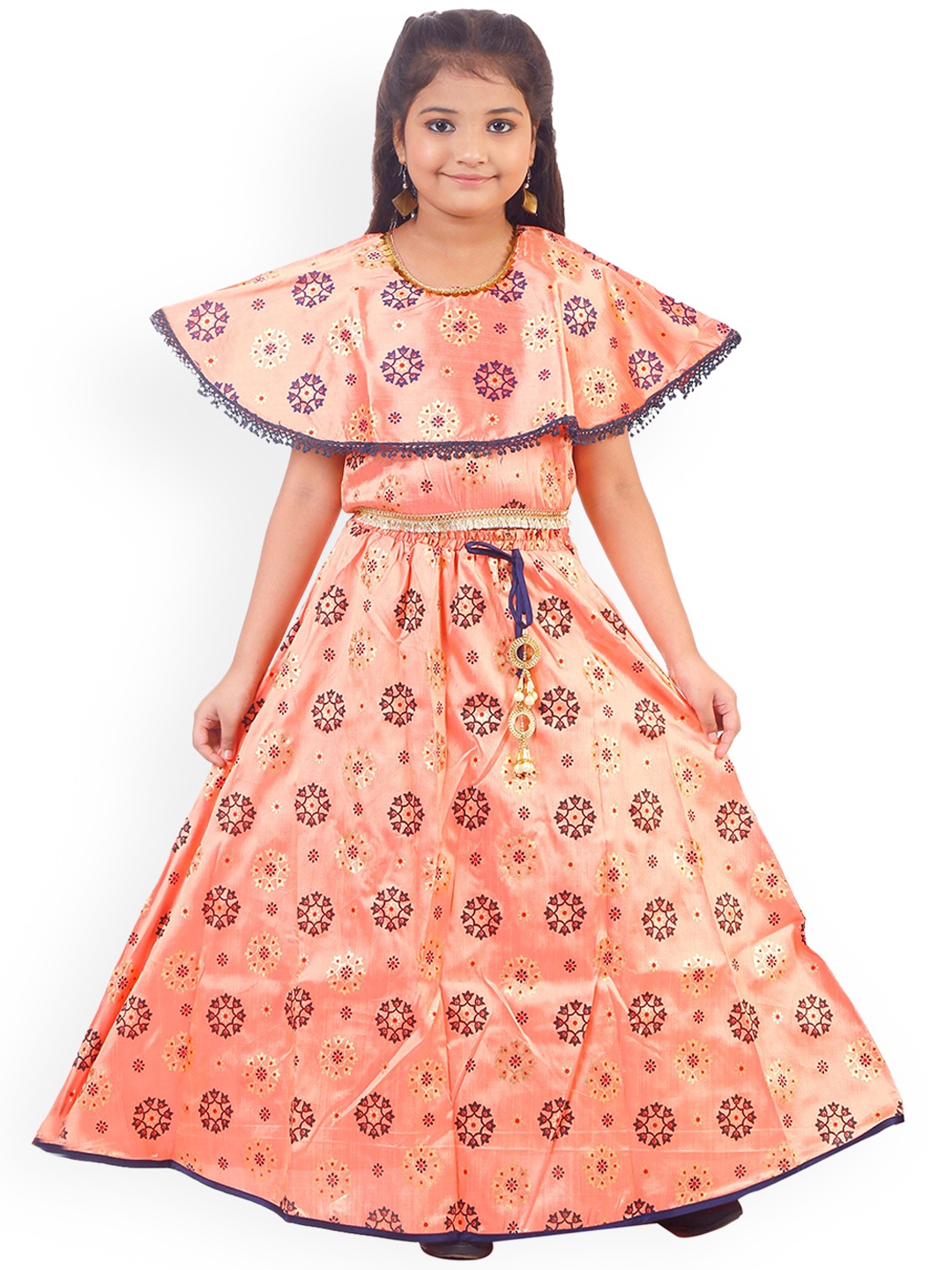 

BAESD Girls Floral Printed Ready To Wear Lehenga With Blouse, Peach