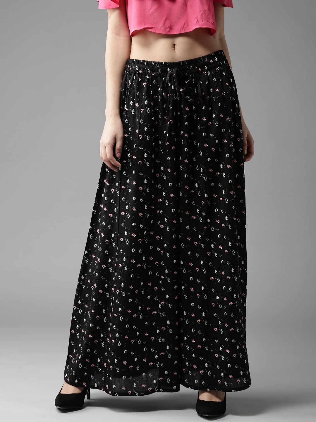 

HERE&NOW Women Black & White Printed Flared Palazzos