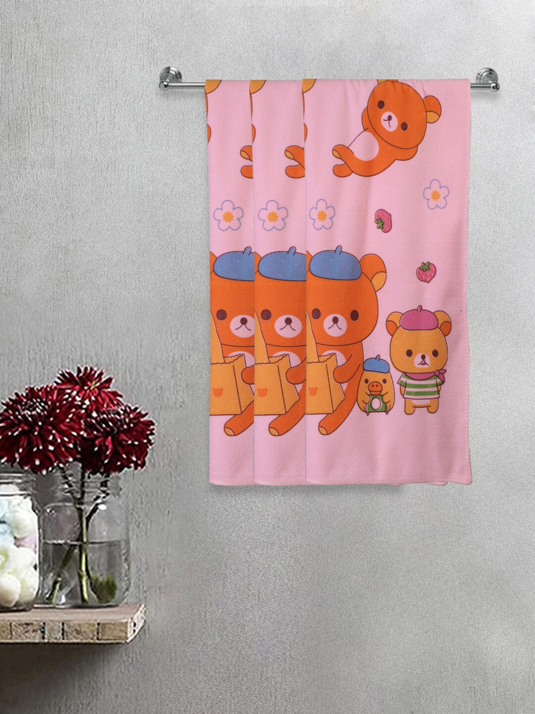 

FABINALIV Kids Pink 3 Pieces Printed Cotton Bath Towels
