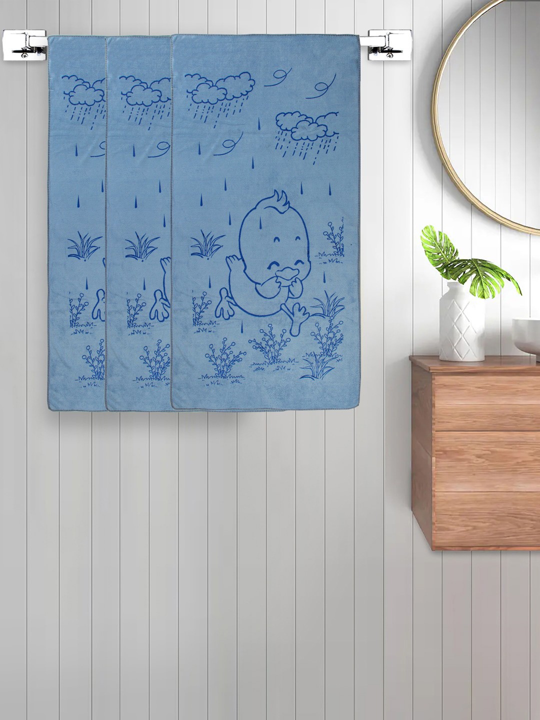 

FABINALIV Kids Blue 3 Pieces Printed 300 GSM Cotton Bath Towels