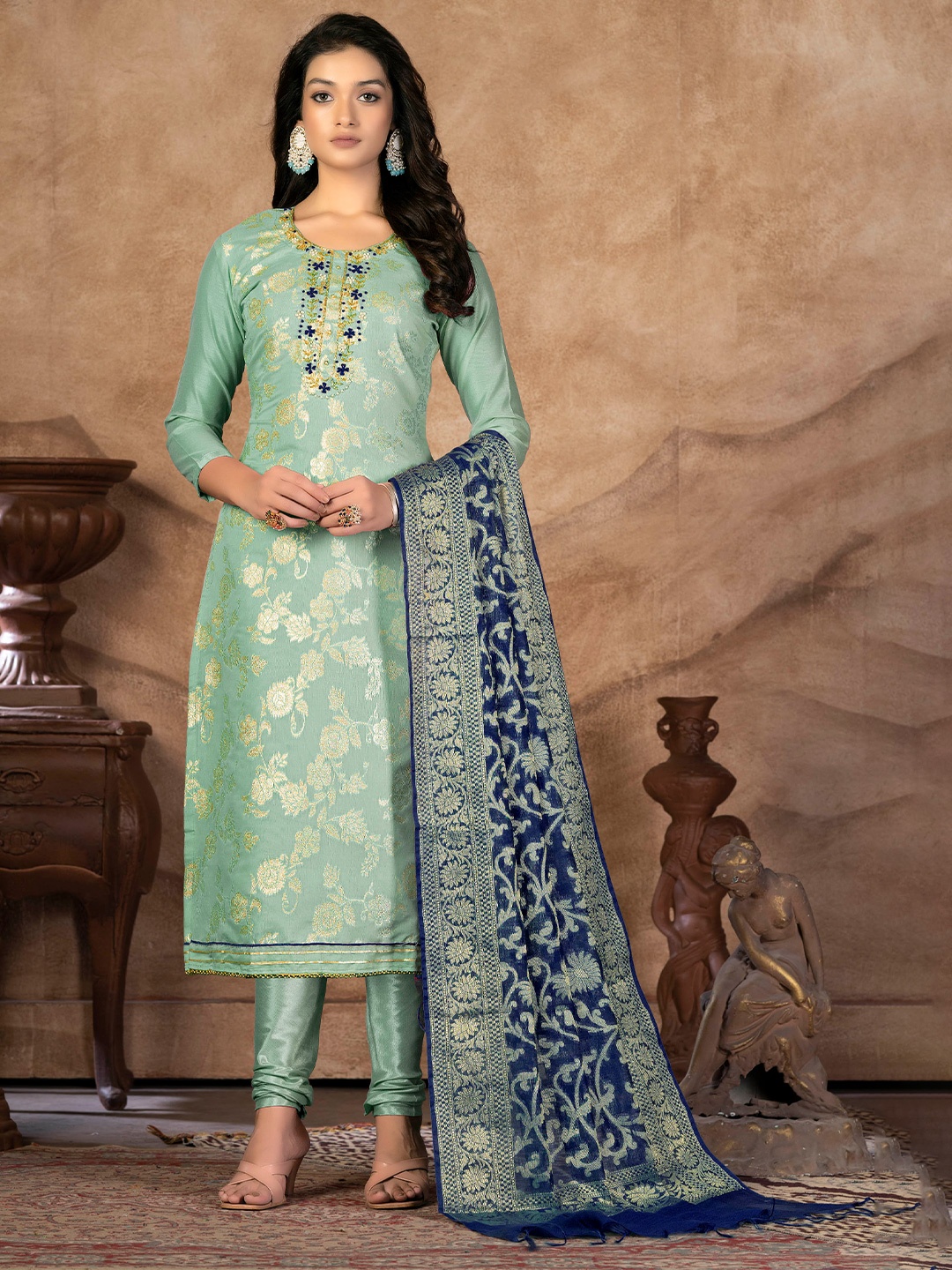 

KALINI Ethnic Motifs Woven Design Unstitched Dress Material, Green