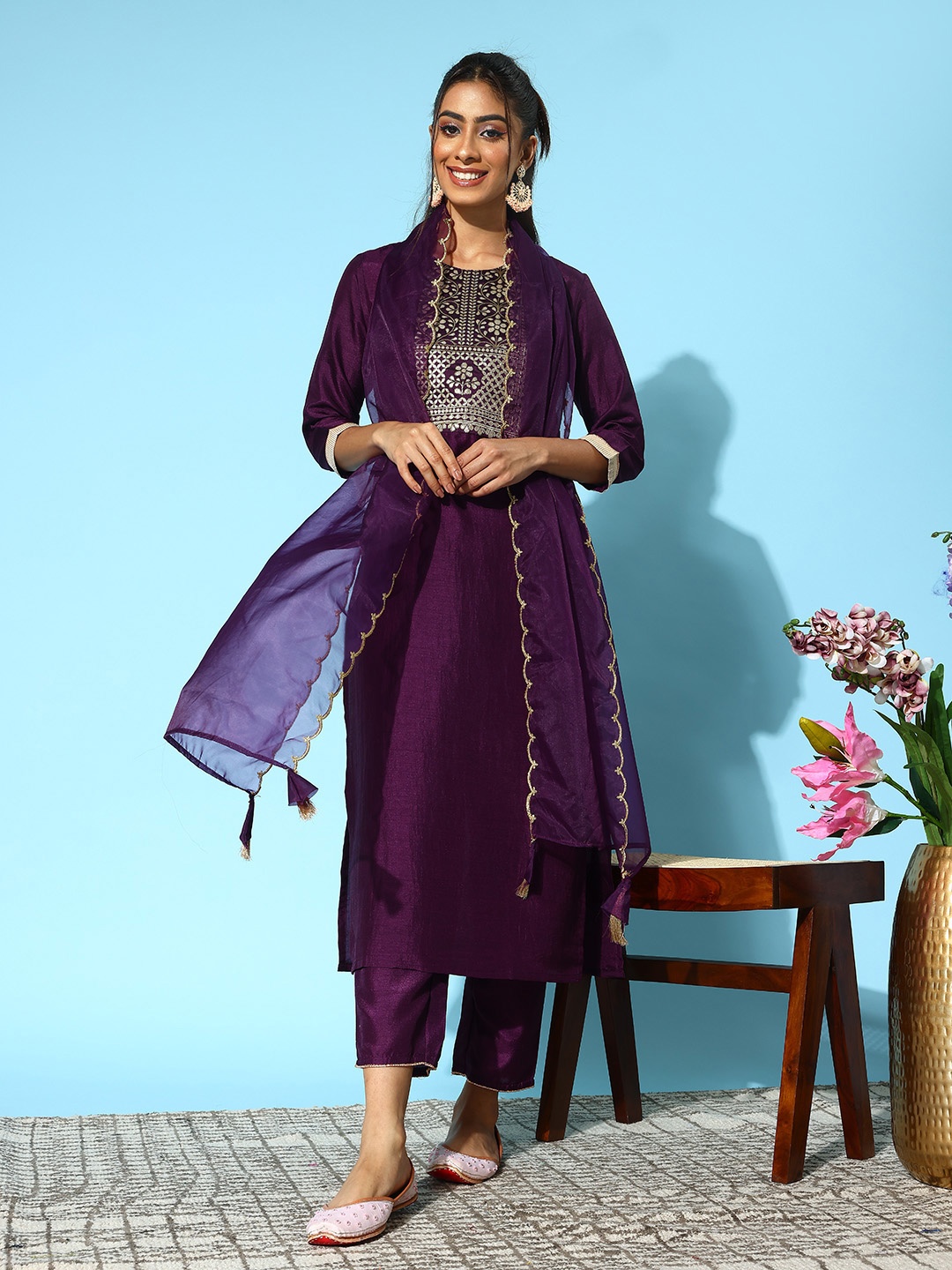 

Indo Era Women Purple Floral Yoke Design Regular Kurta with Palazzos & Dupatta
