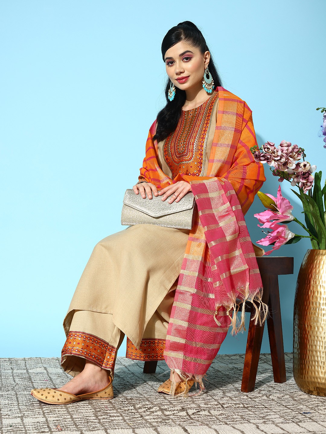 

Indo Era Women Ethnic Motifs Yoke Design Regular Kurta with Palazzos & With Dupatta, Beige