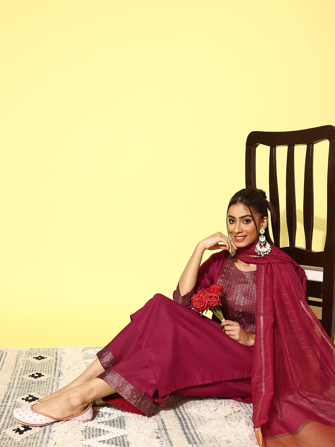 

Indo Era Women Ethnic Motifs Yoke Design Regular Kurta with Palazzos & With Dupatta, Maroon