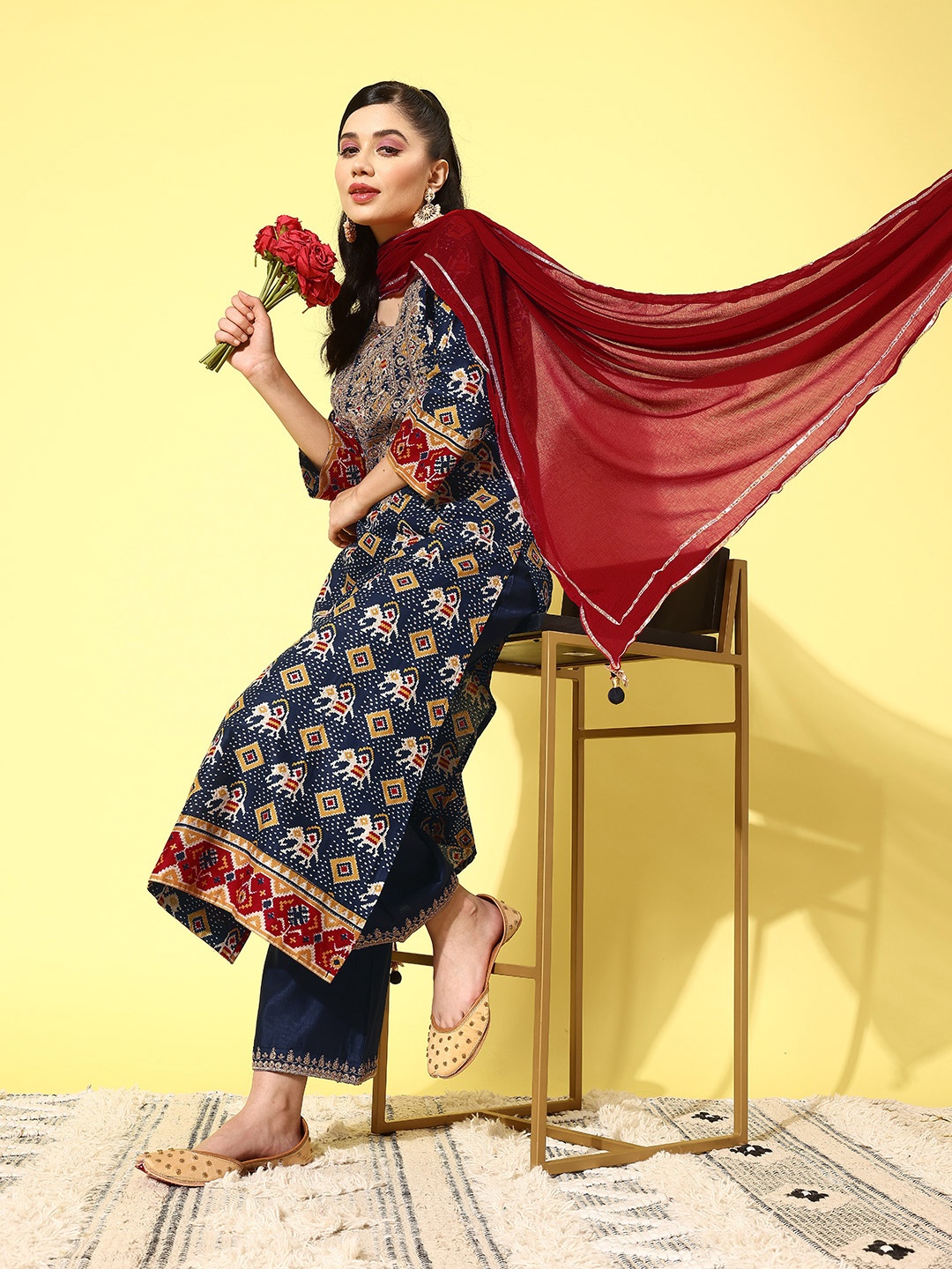 

Indo Era Women Ethnic Motifs Printed Regular Kurta with Palazzos & With Dupatta, Navy blue