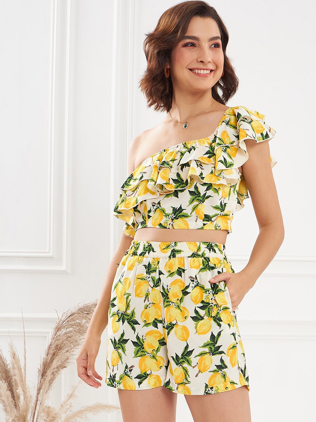 

KASSUALLY White & Yellow Printed One-Shoulder Crop Top With Shorts
