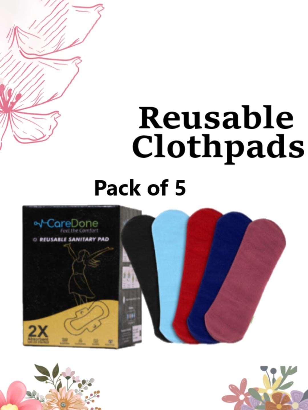 

CareDone Set Of 5 4-Layered Ultra Thin Rash Free Reusable Sanitary Cloth Pads, Blue