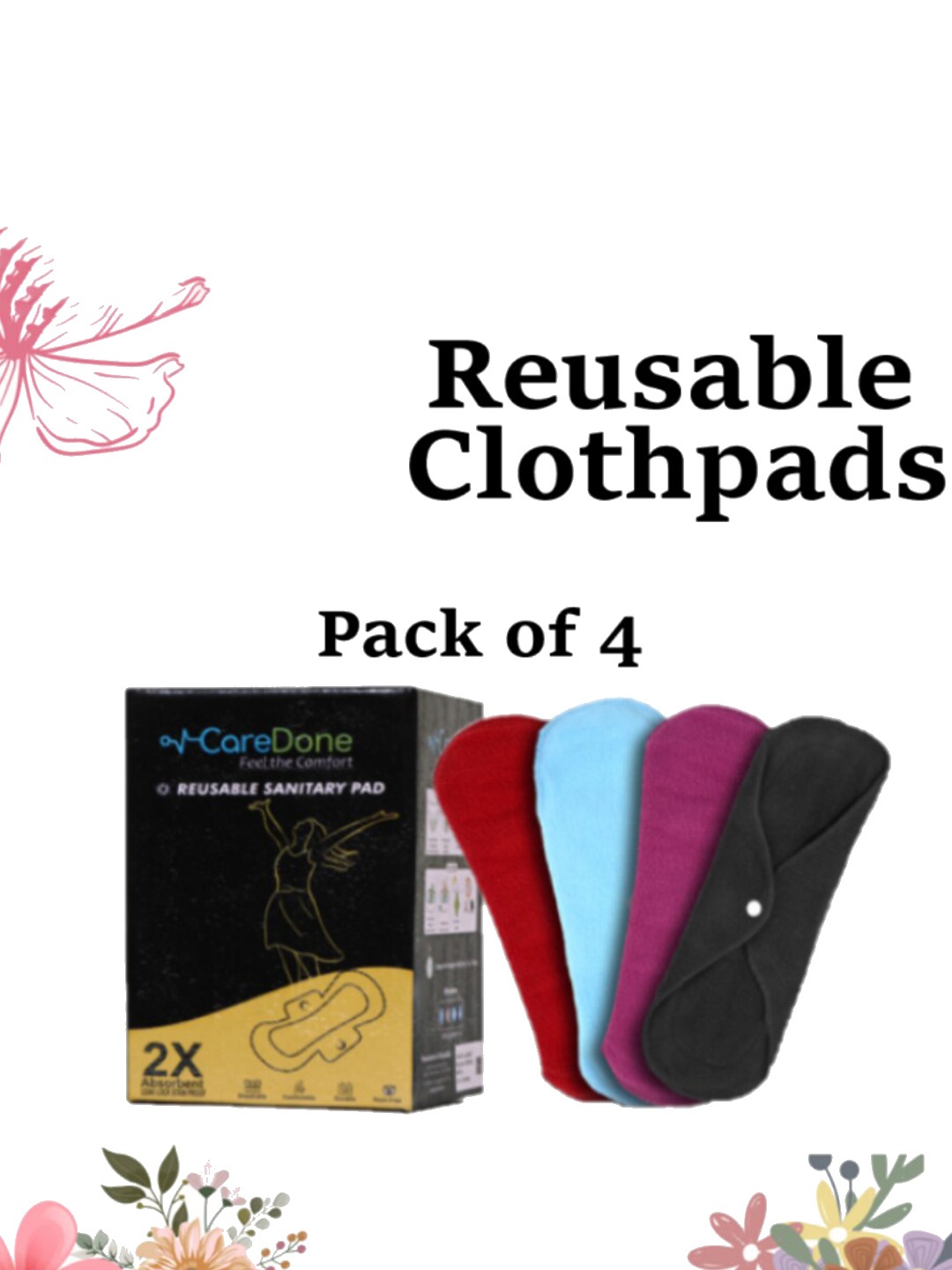 

CareDone Set of 4 Ultra Thin 4-Layered Rash Free Reusable Sanitary Cloth Pads, Red