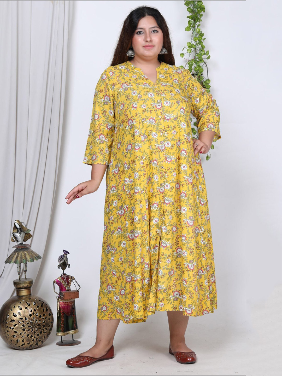 

Swasti Plus Size Floral Print Puff Sleeve A-Line Dress, Yellow