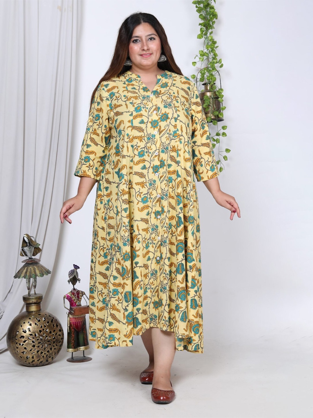 

Swasti Floral Printed A Line Ethnic Dress, Yellow