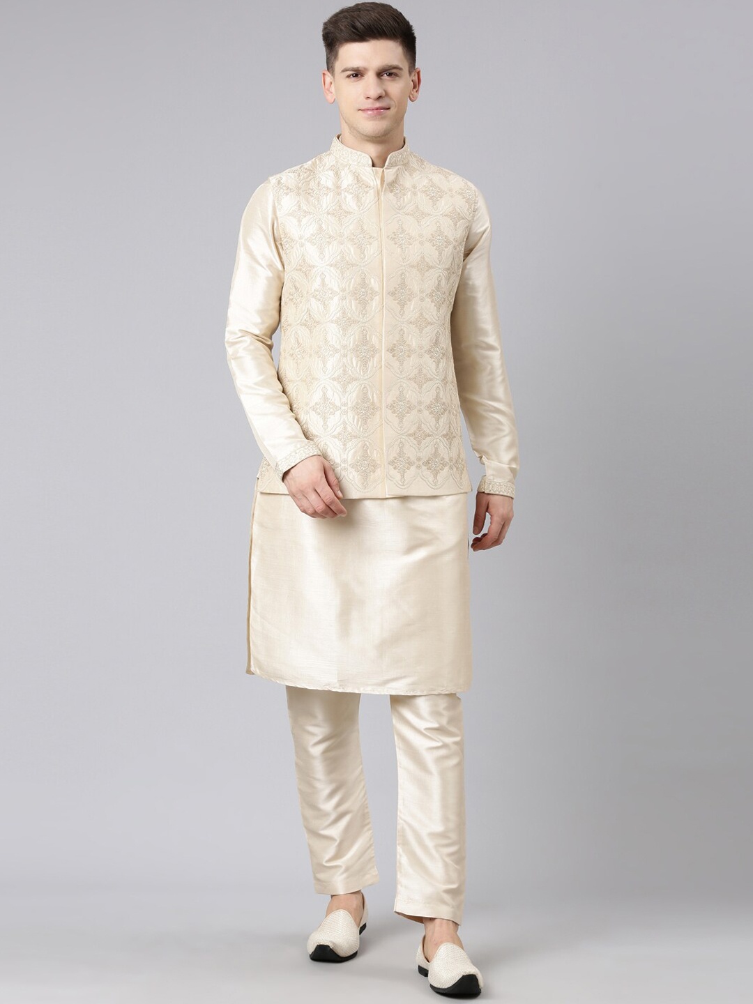 

TheEthnic.Co Mandarin Collar Art Silk Kurta & Pyjamas With Embroidered Nehru jacket, Beige