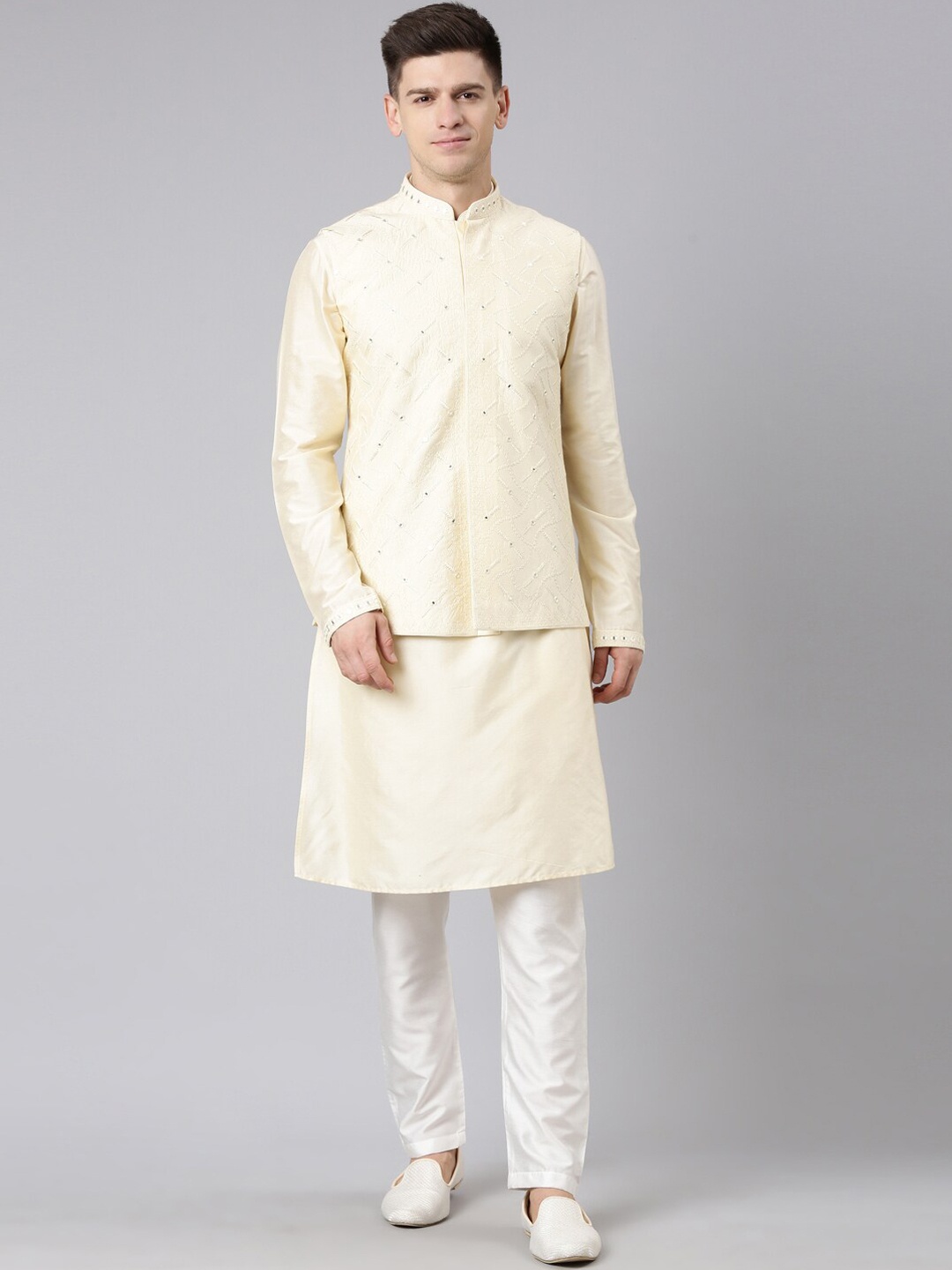 

TheEthnic.Co Embroidered Sequinned Art Silk Kurta & Pyjamas With Nehru jacket, Beige