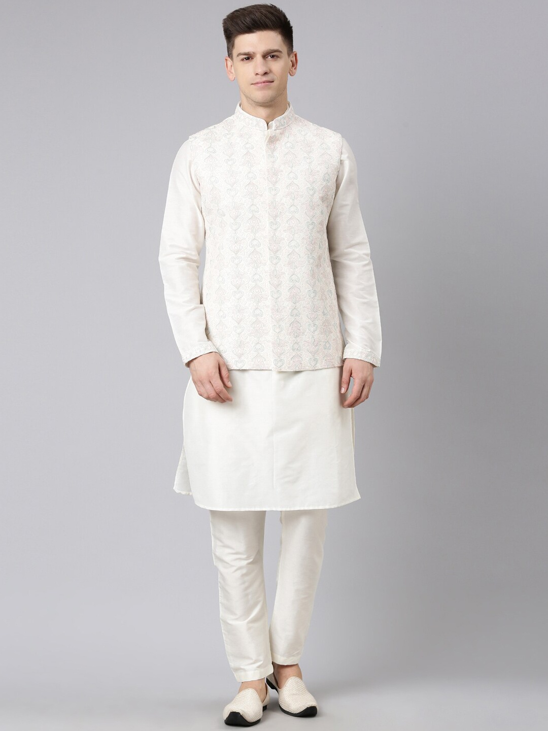 

TheEthnic.Co Mandarin Collar Art Silk Kurta & Pyjamas With Embroidered Nehru jacket, Cream