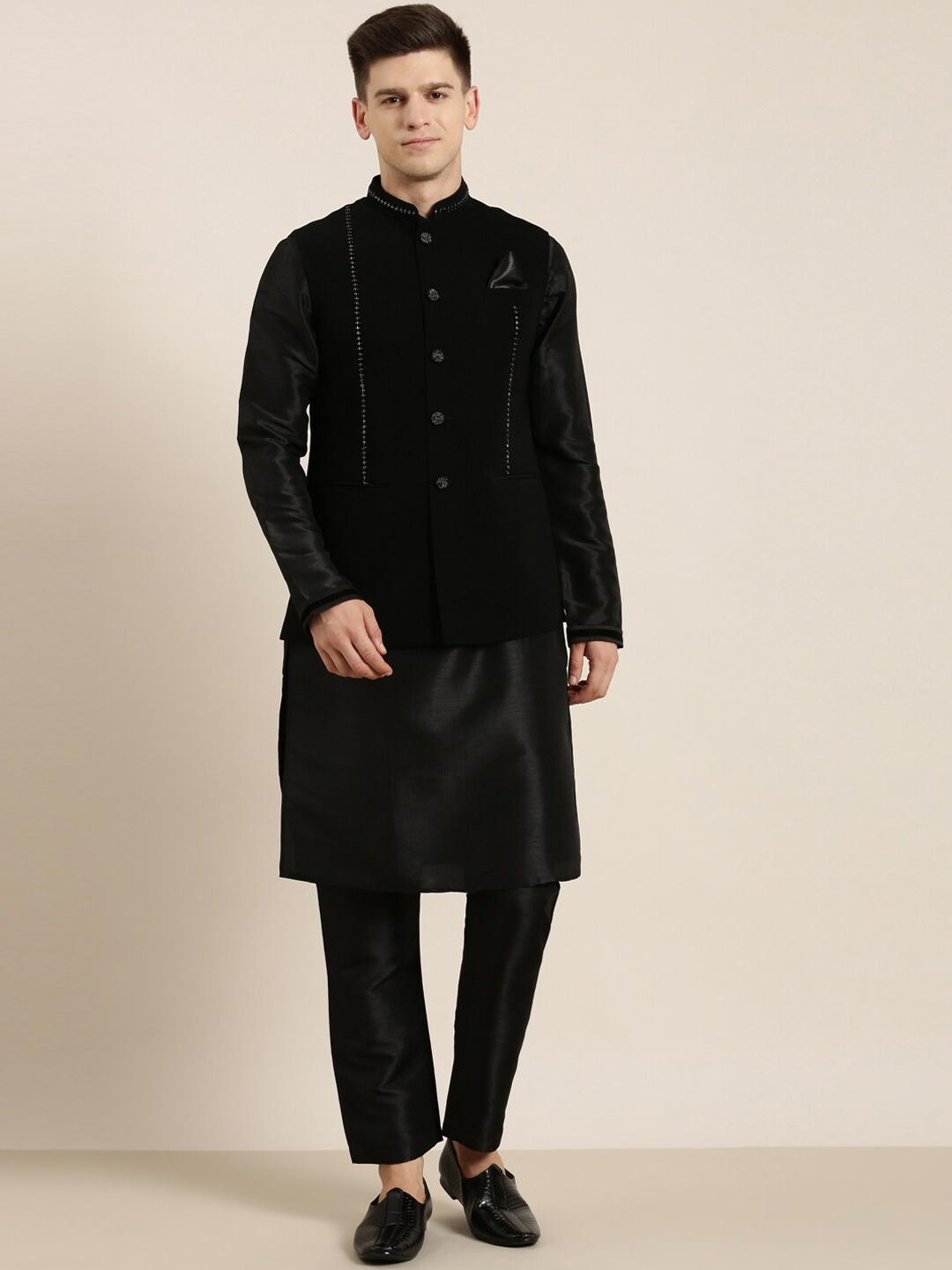 

TheEthnic.Co Mandarin Collar Art Silk Kurta & Pyjamas With Nehru jacket, Black