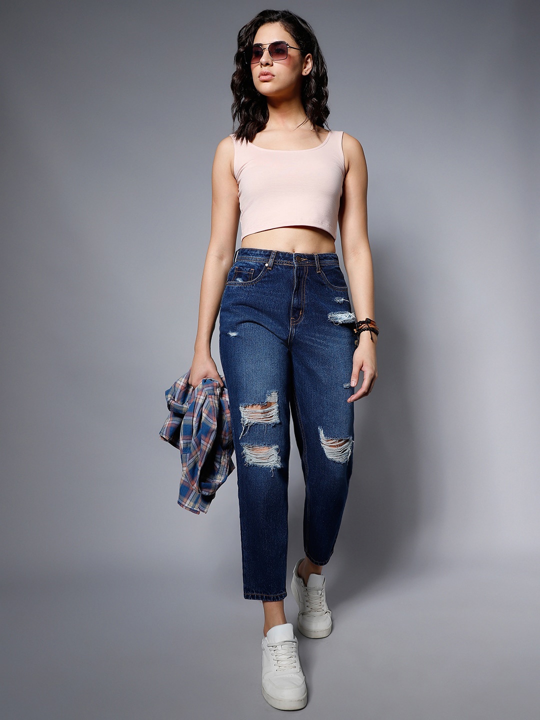 

High Star Women Blue High-Rise Highly Distressed Light Fade Jeans