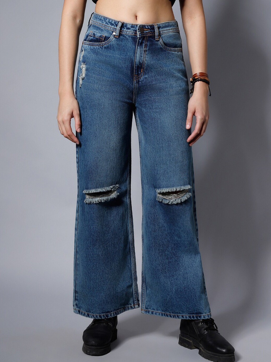 

High Star Women Blue Wide Leg High-Rise Slash Knee Light Fade Jeans
