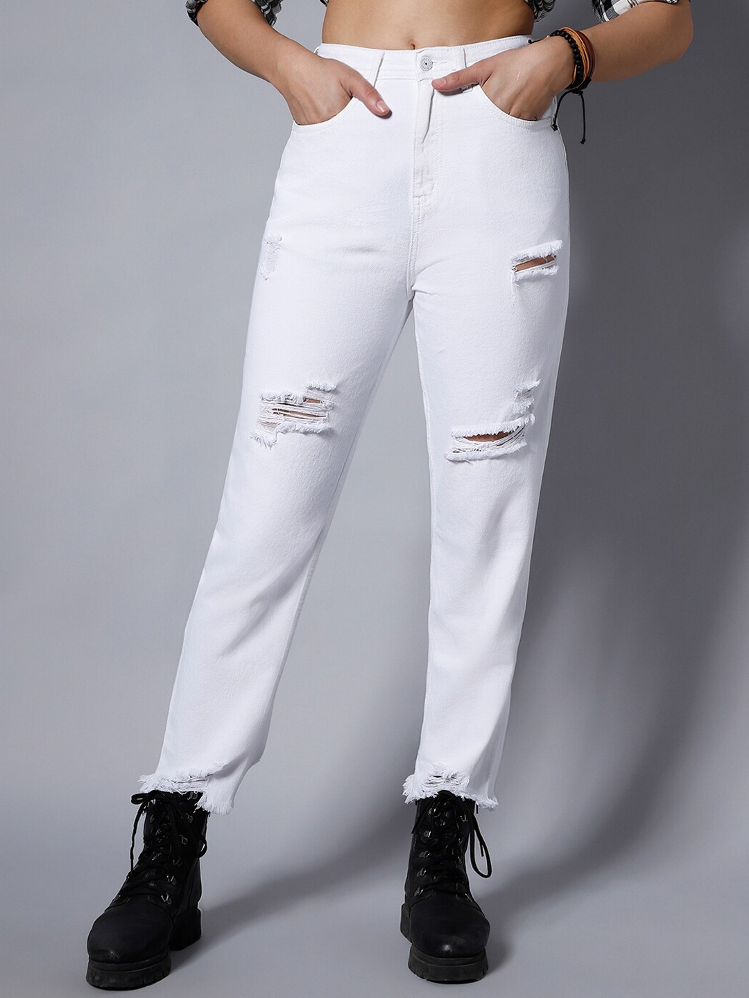 

High Star Women White High-Rise Slash Knee Jeans