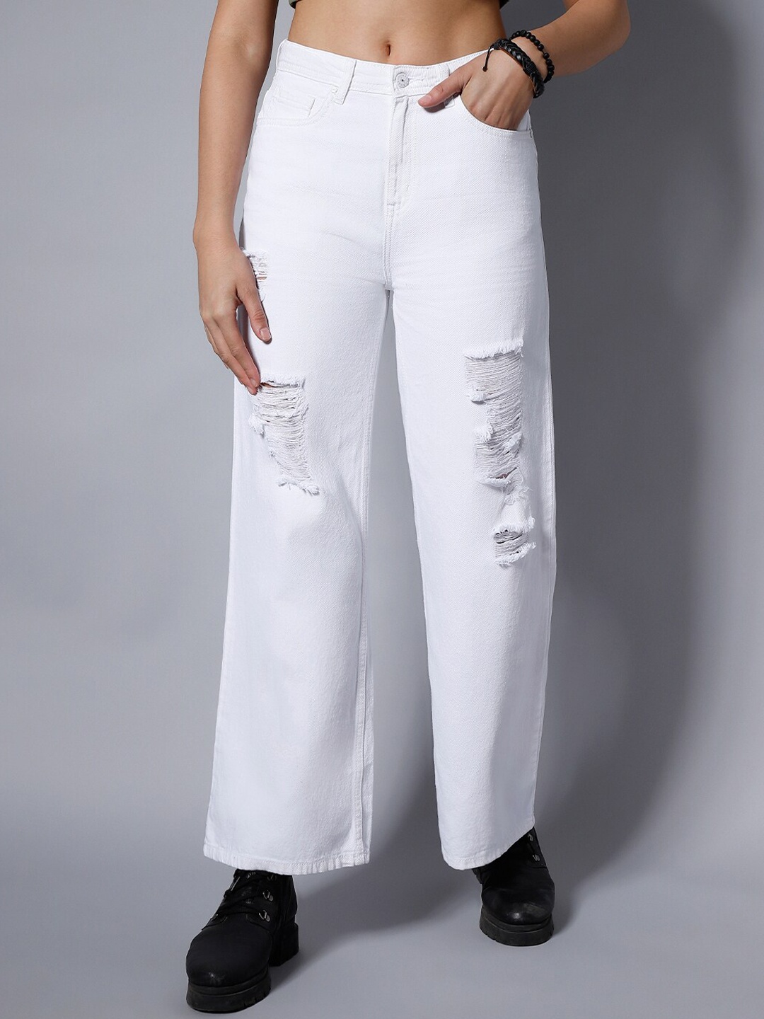 

High Star Women White Wide Leg High-Rise Mildly Distressed Jeans