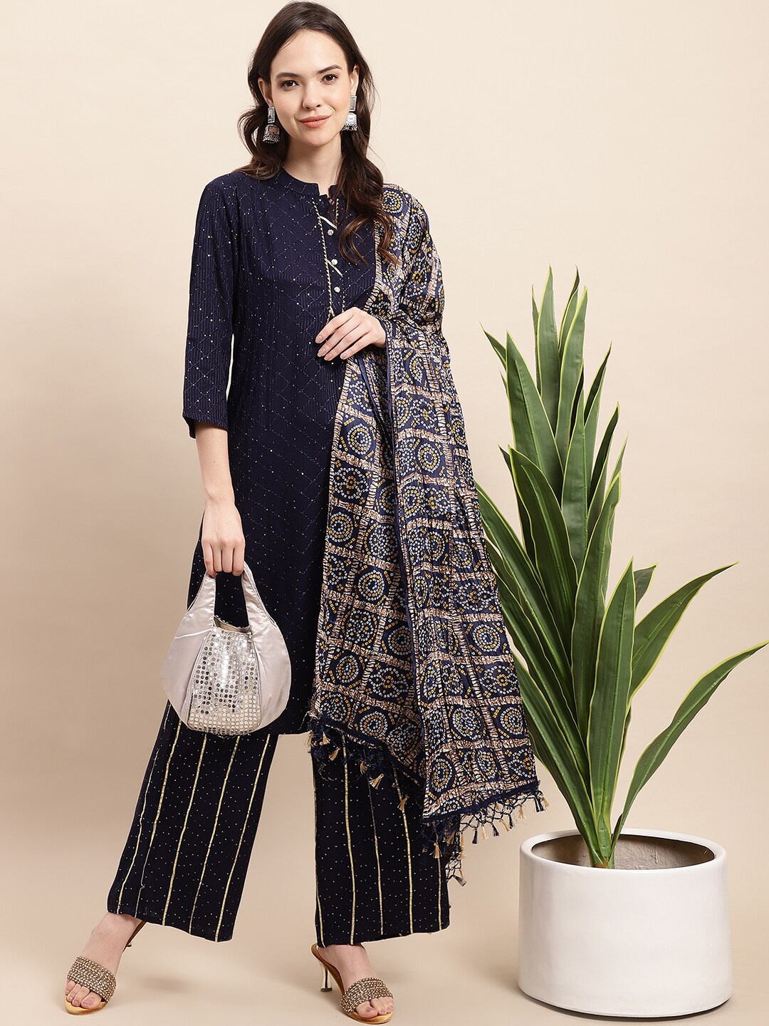 

Anouk Regular Sequinned Kurta With Palazzos & With Dupatta, Navy blue