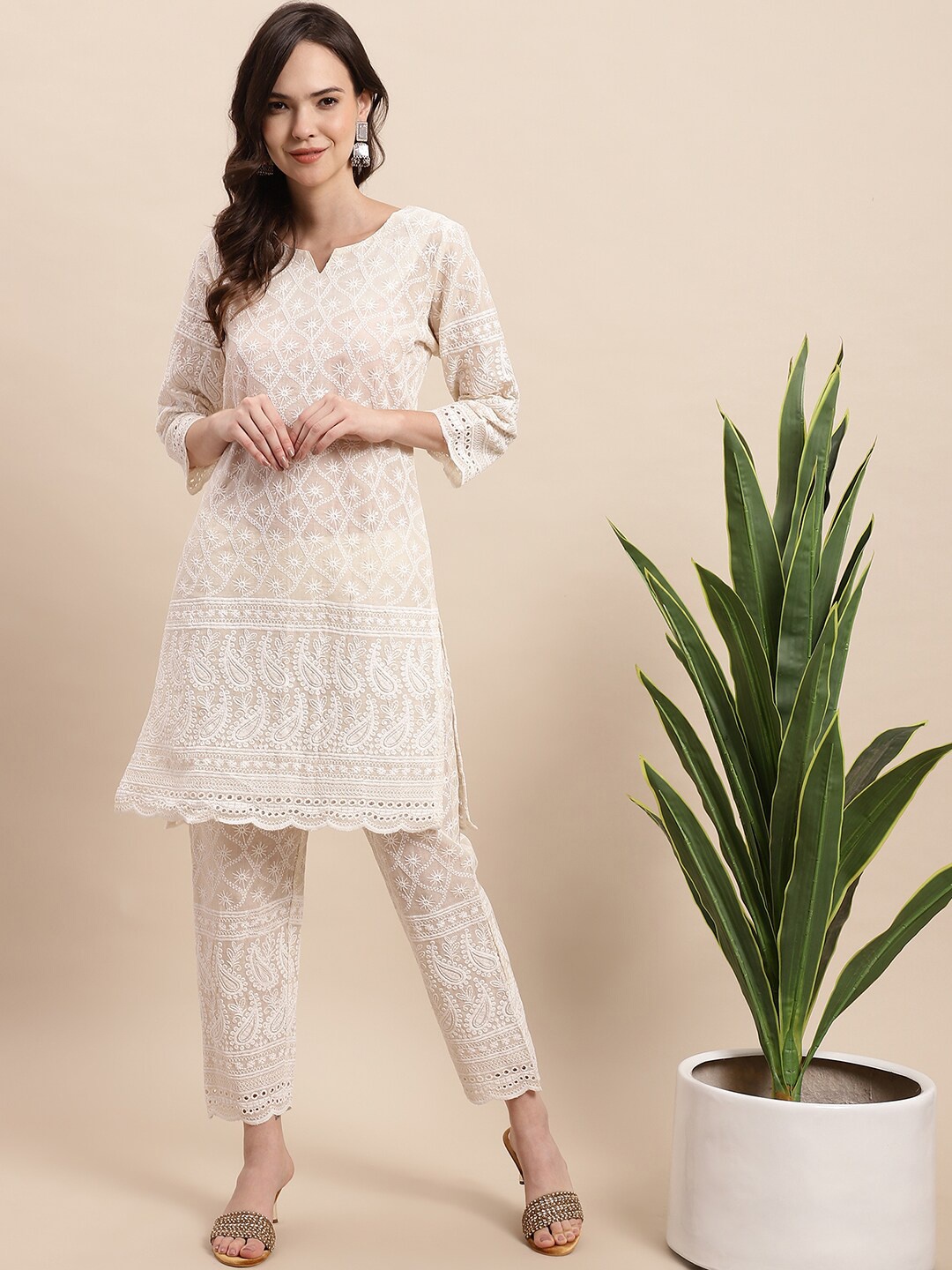 

Anouk Ethnic Motifs Embroidered Pure Cotton Kurta With Trousers & Dupatta, Cream