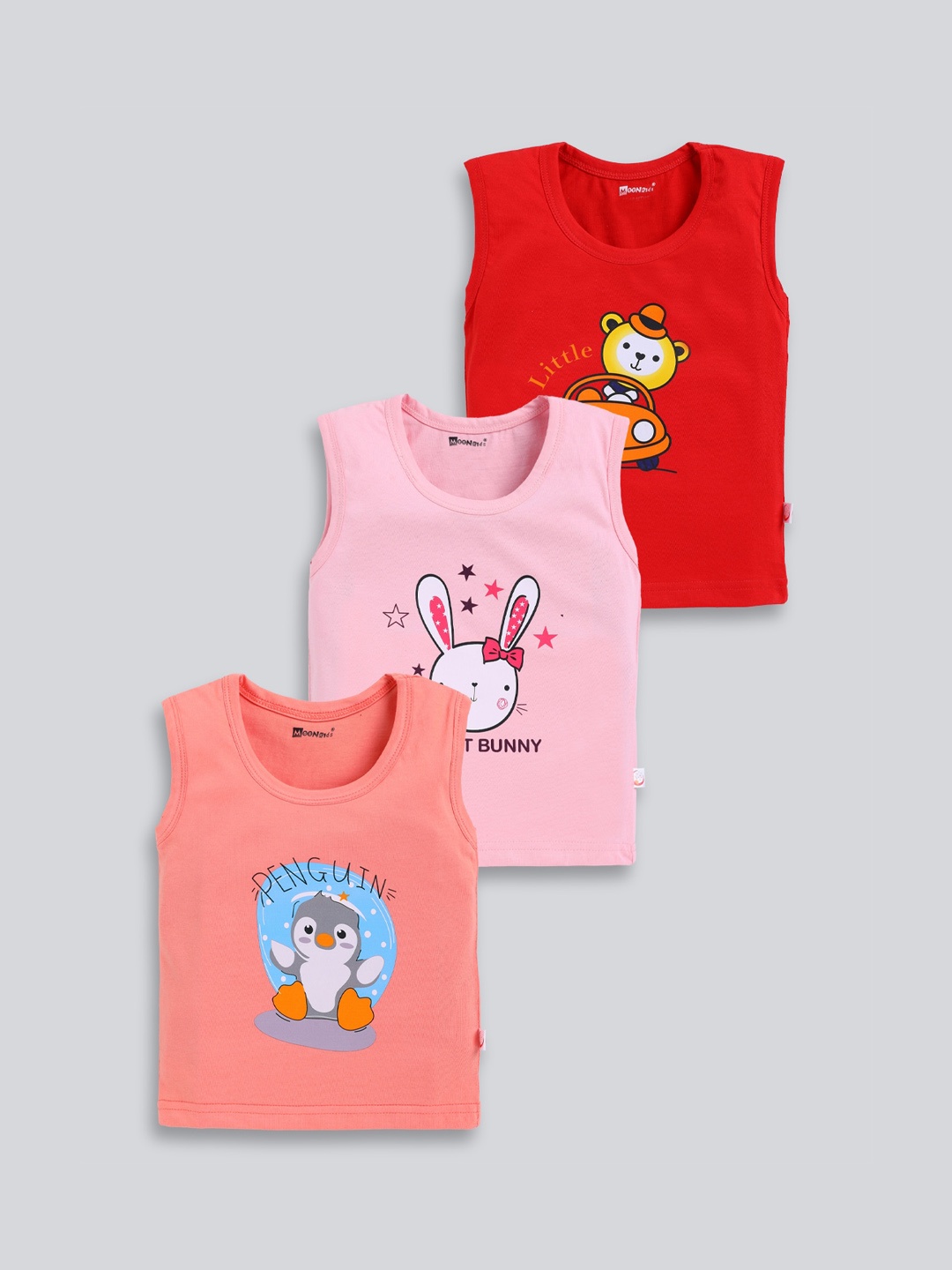 

MooNKids Infants Kids Pack Of 3 Graphic Printed Cotton Basic Vests, Red