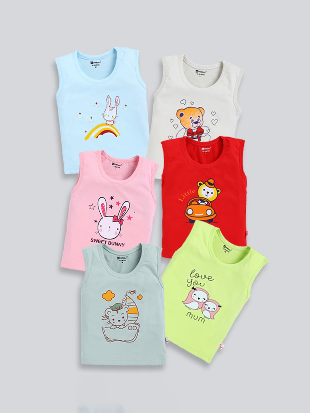 

MooNKids Infant Kids Pack Of 6 Printed Cotton Basic Vests, Red