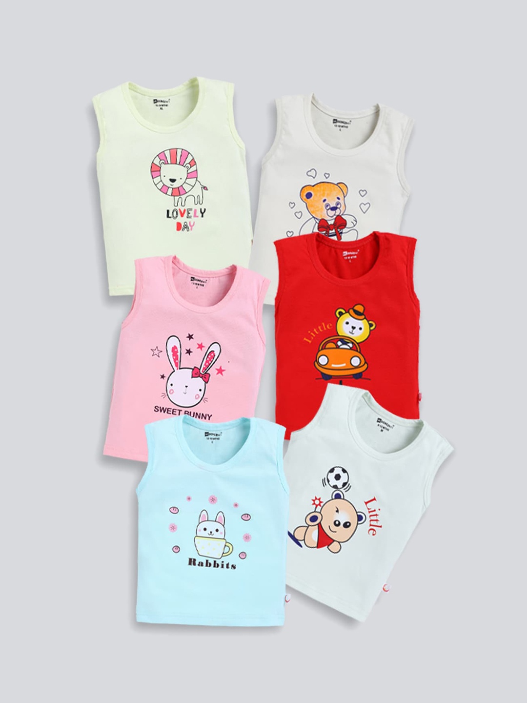 

MooNKids Infants Pack Of 6 Printed Cotton Basic Innerwear Vests, Pink