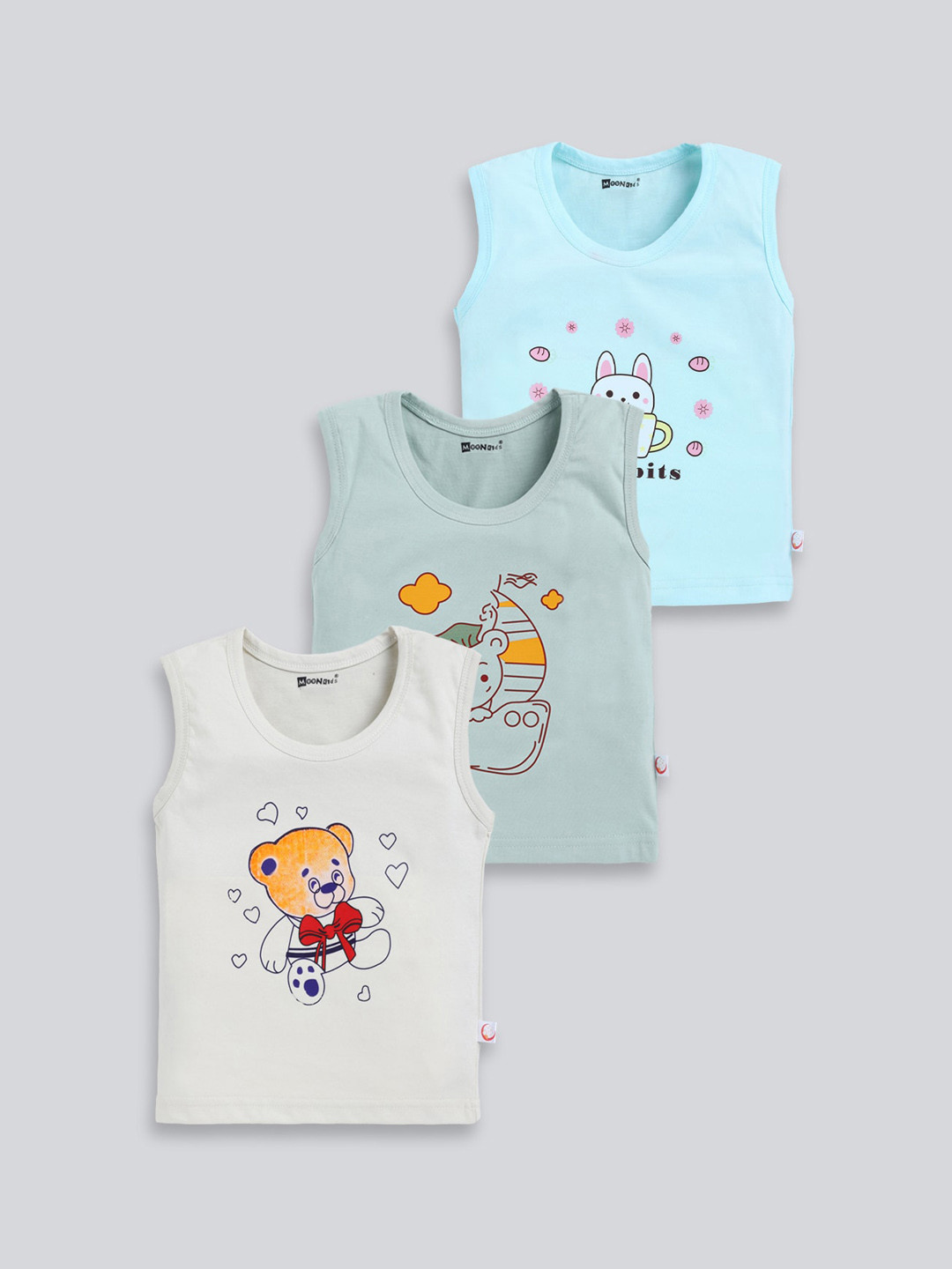 

MooNKids Infants Kids Pack Of 3 Graphic Printed Cotton Basic Vests, Olive