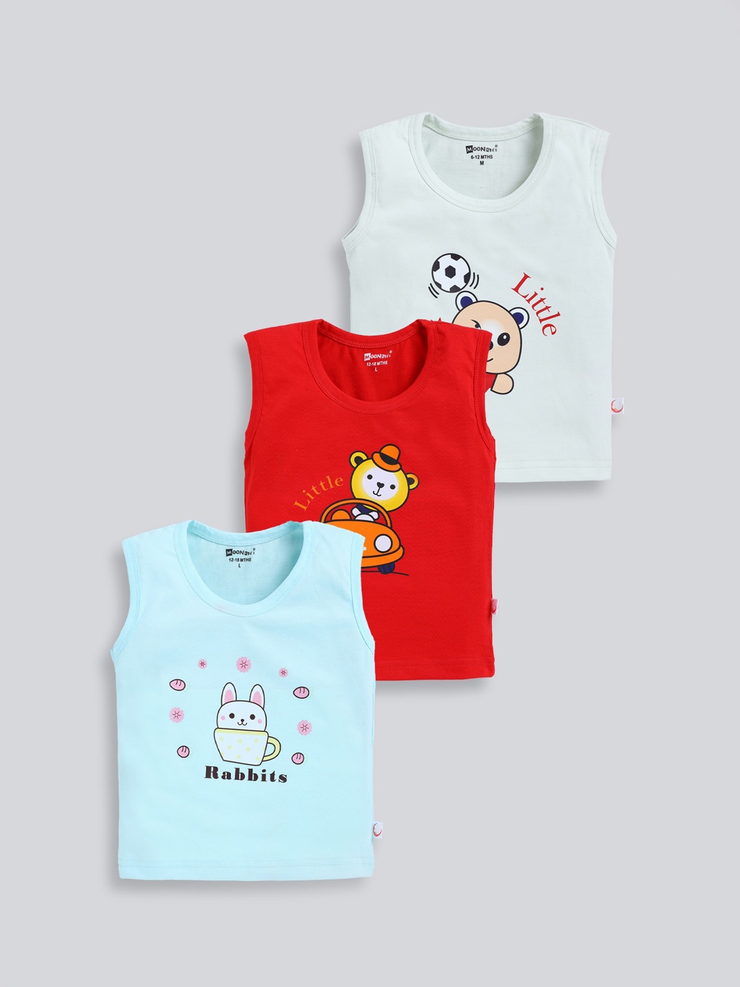 

MooNKids Infants Pack Of 3 Printed Cotton Basic Innerwear Vests, Red
