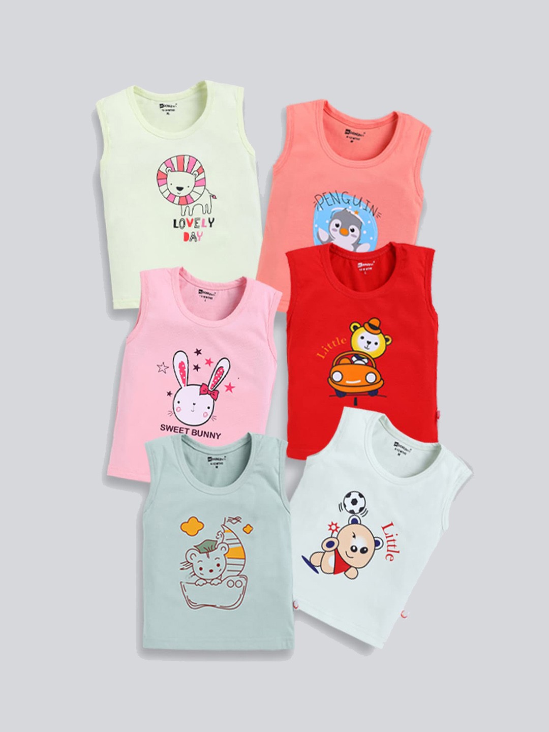 

MooNKids Infants Pack Of 6 Printed Cotton Basic Innerwear Vests, Pink