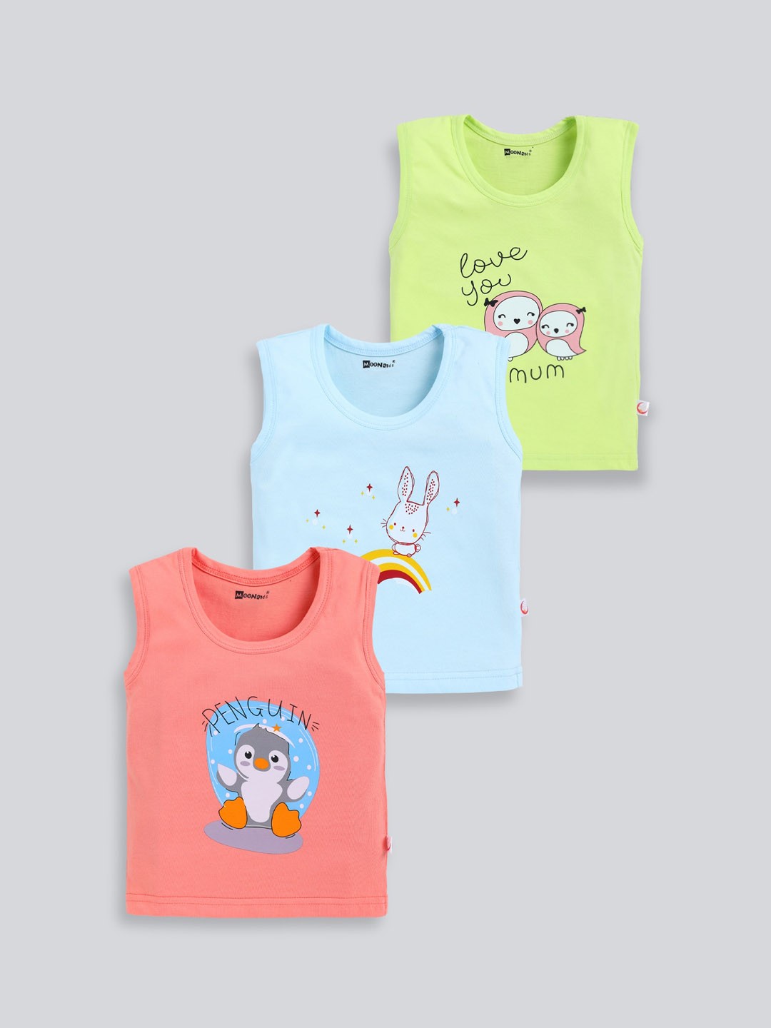 

MooNKids Infants Kids Pack Of 3 Graphic Printed Cotton Basic Vests, Blue