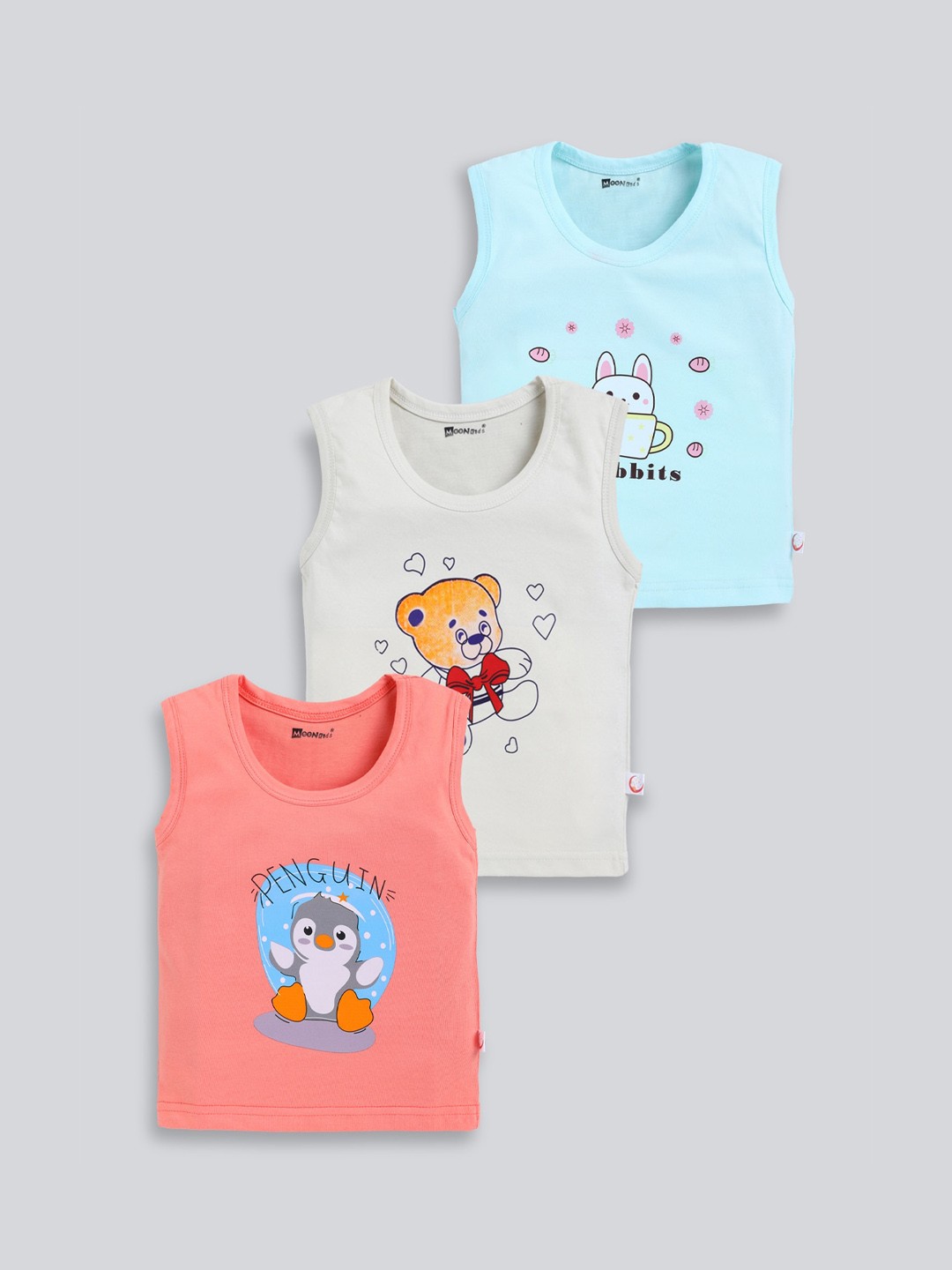 

MooNKids Infants Kids Pack Of 3 Graphic Printed Cotton Basic Vests, Blue