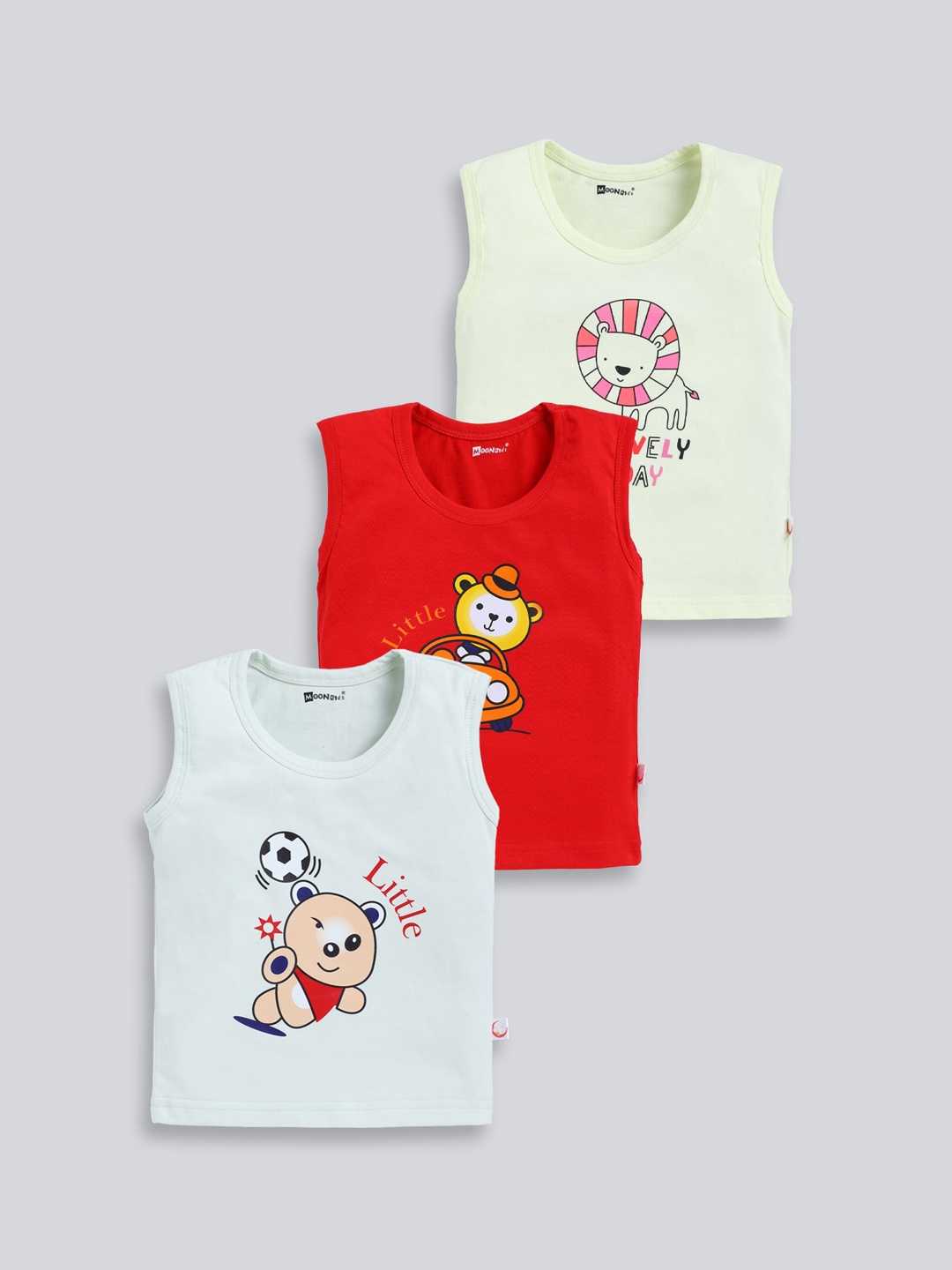 

MooNKids Infant Kids Pack Of 3 Printed Cotton Basic Vests, Red